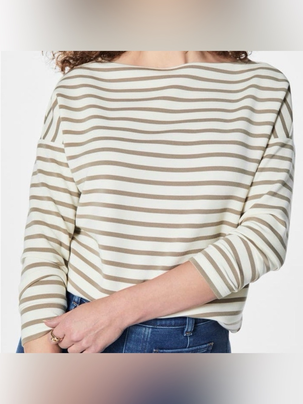SPANX Striped Boatneck Long Sleeve Top in Cream and Tan